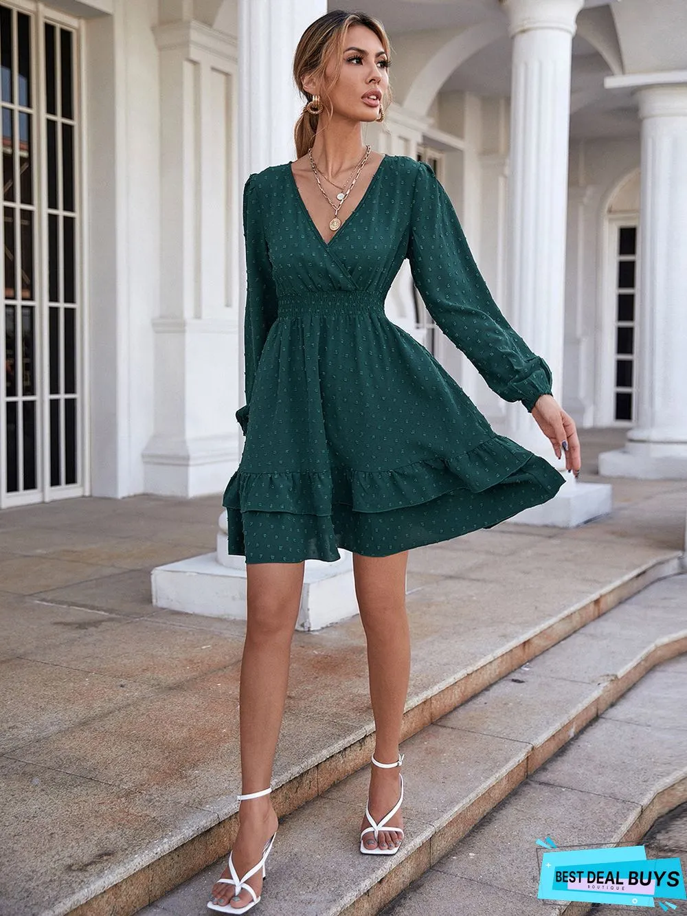 V-Neck Long-Sleeve Flounces Trim Commuter Dress For Women