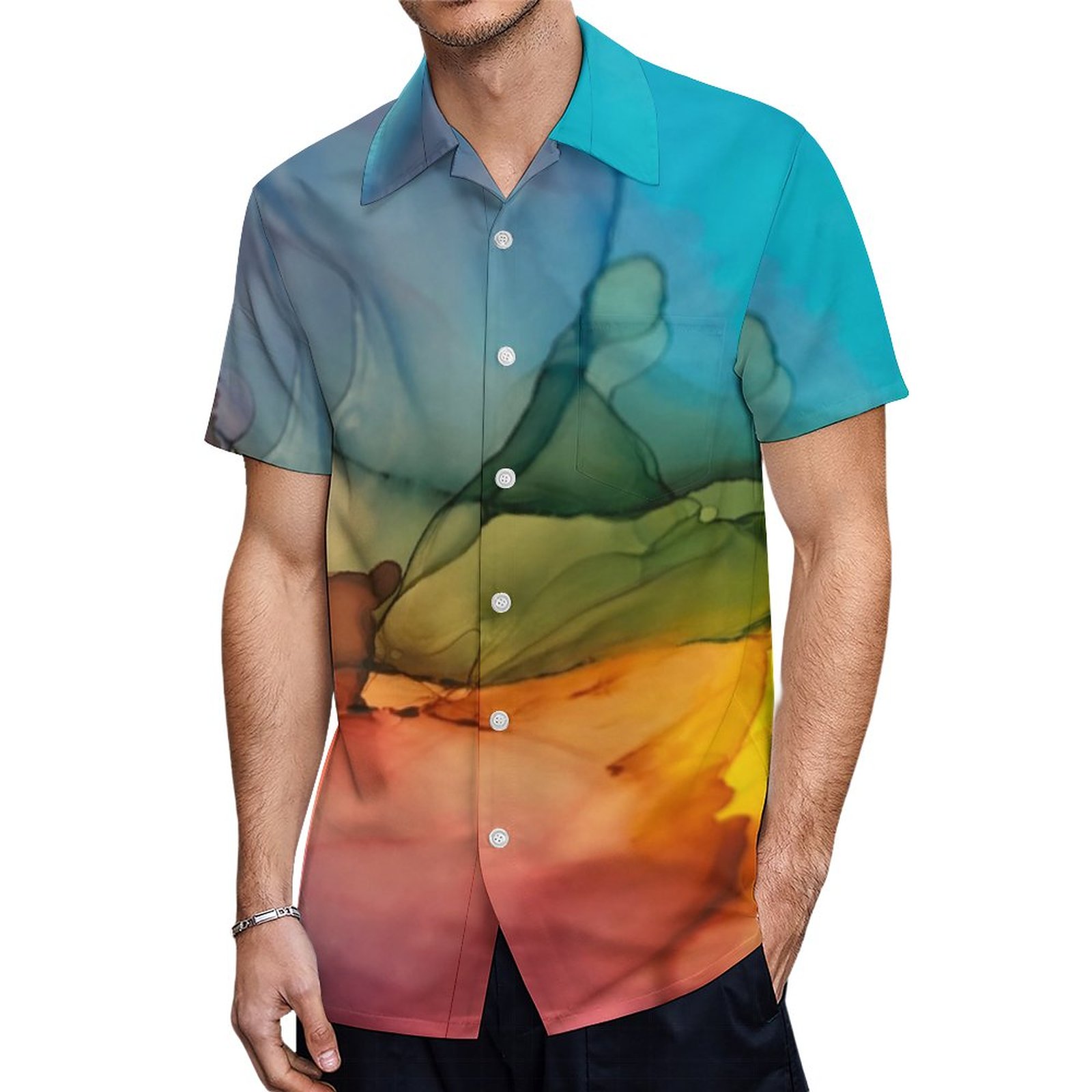 Abstract Alcohol Ink Rainbow Colored Liquid Art Hawaiian Shirt Mens Button Down Tropical Hawaii Beach Shirts