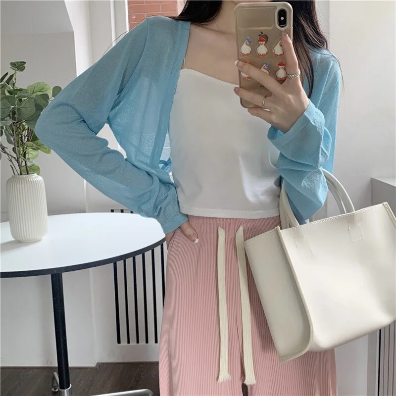 tlbang Crop Cardigan Women Slim Thin Summer 5 Colors Sweet Tender Knitwear All-match New Arrival Stylish Korean Long Sleeve