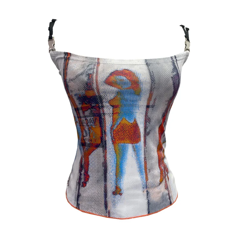 Uveng Sexy Hottie Shoulder Strap Small Print Slimming Sling Vest Short Sleeveless Top 8830