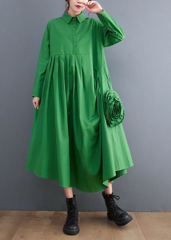 Natural Green Asymmetrical Floral Cotton shirts Dress Spring CK2654- Fabulory