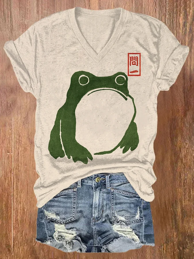 Women's Cute Frog Japanese Lino Art Painting Printed Casual T-Shirt