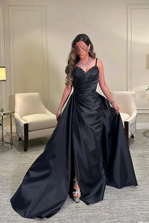 Daisda Charming Black Sleeveless Spaghetti Strap Split Long Prom Dress with Beadings