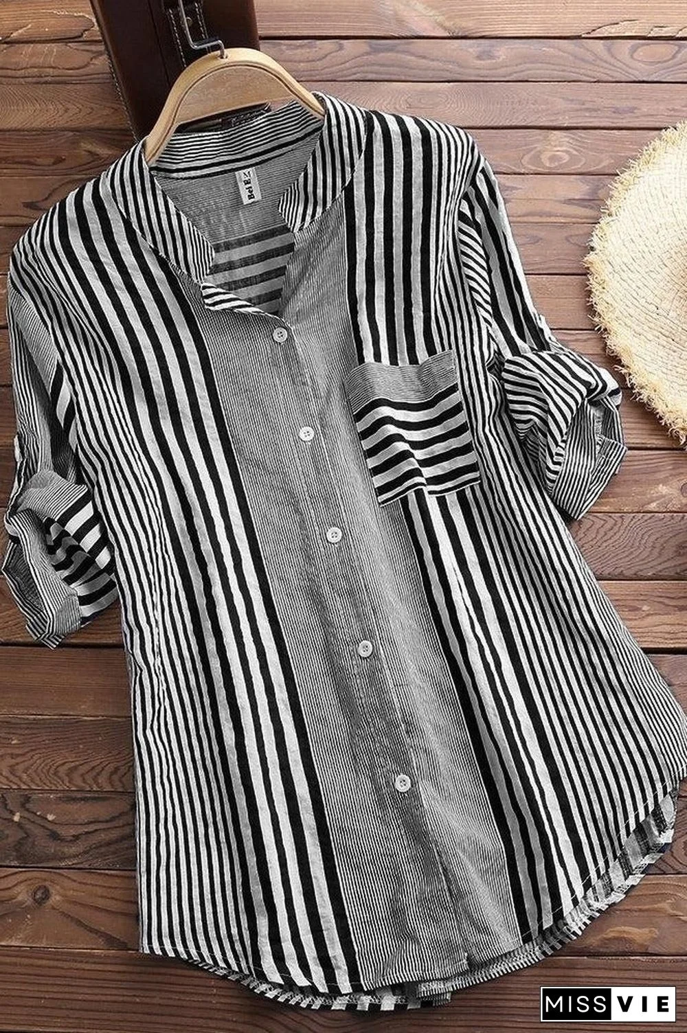 Stripe Print Stand Collar 3/4 Sleeves Blouse