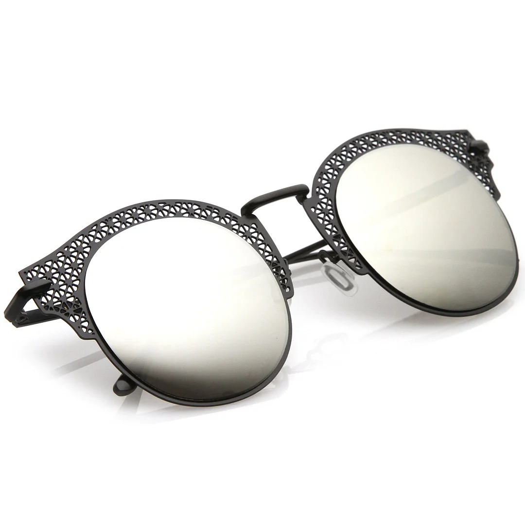 Women's Open Metal Cutout Slim Arm Round Flat Lens Half Frame glasses 50mm