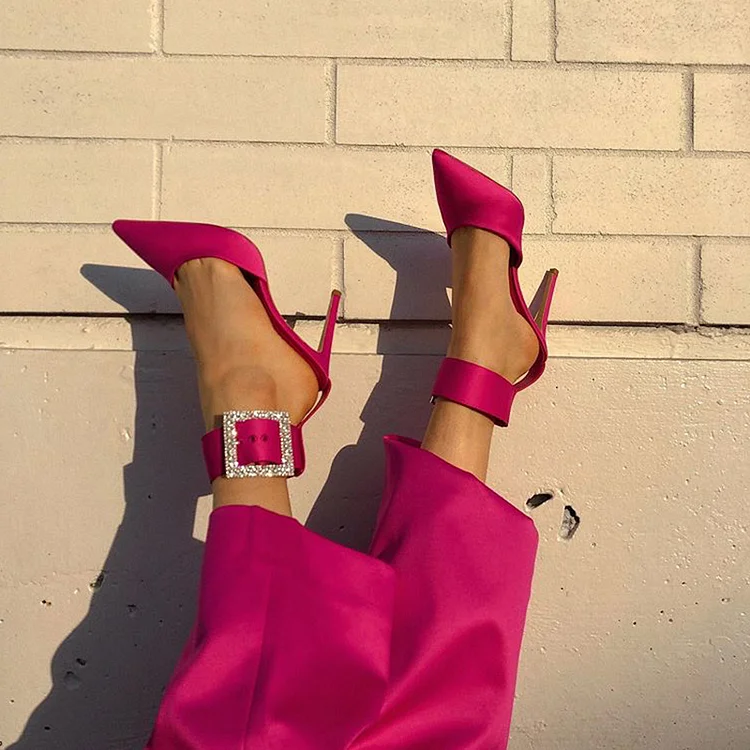 Hot Pink Satin Pointed Toe Rhinestone Square Buckle Ankle Strap Heels |FSJ Shoes