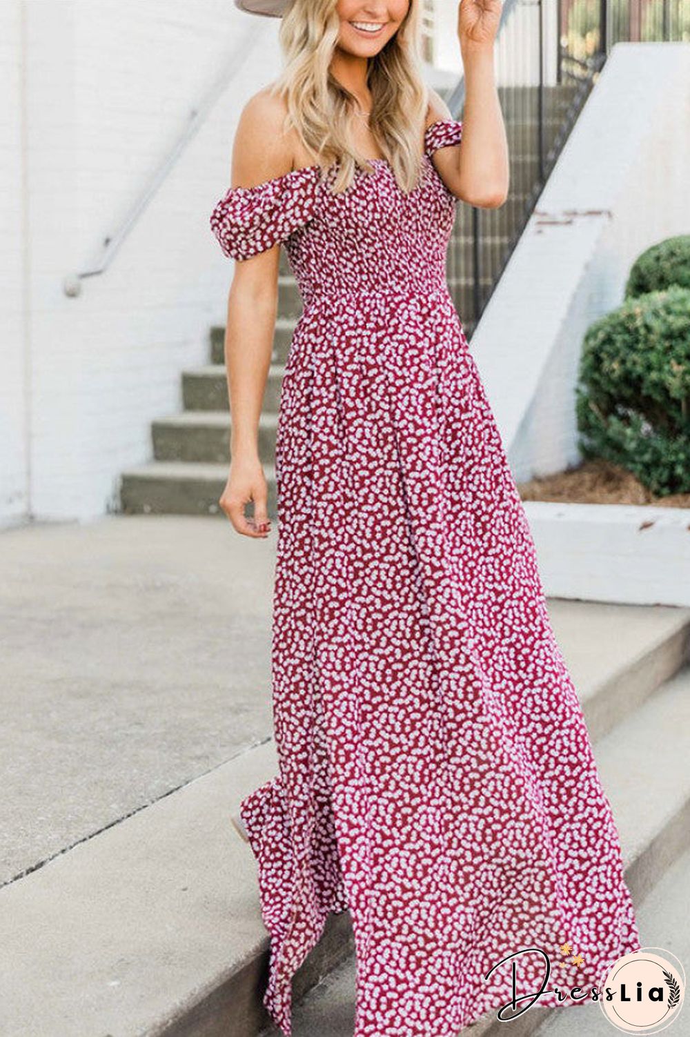 Off-the-shoulder Print Slit Maxi Dress
