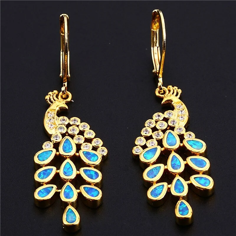 Cute Female Peacock Drop Earrings Yellow Gold Silver Color Clip Earrings For Women Vintage Blue White Opal Wedding Earrings