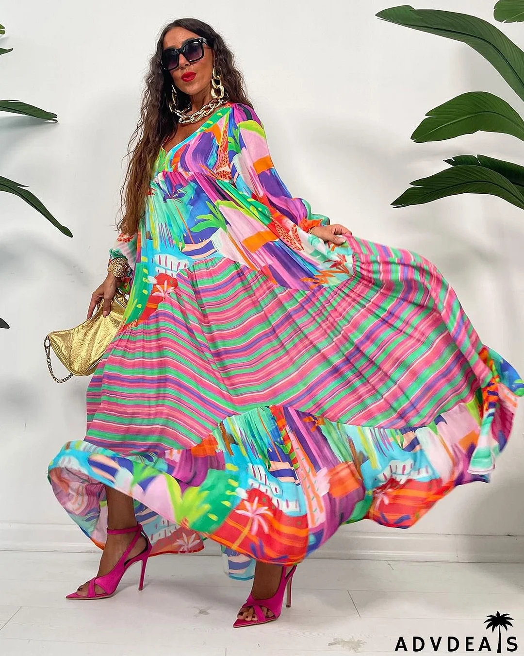 Women Vintage V-Neck Print Pleated Long Sleeve Loose Dress