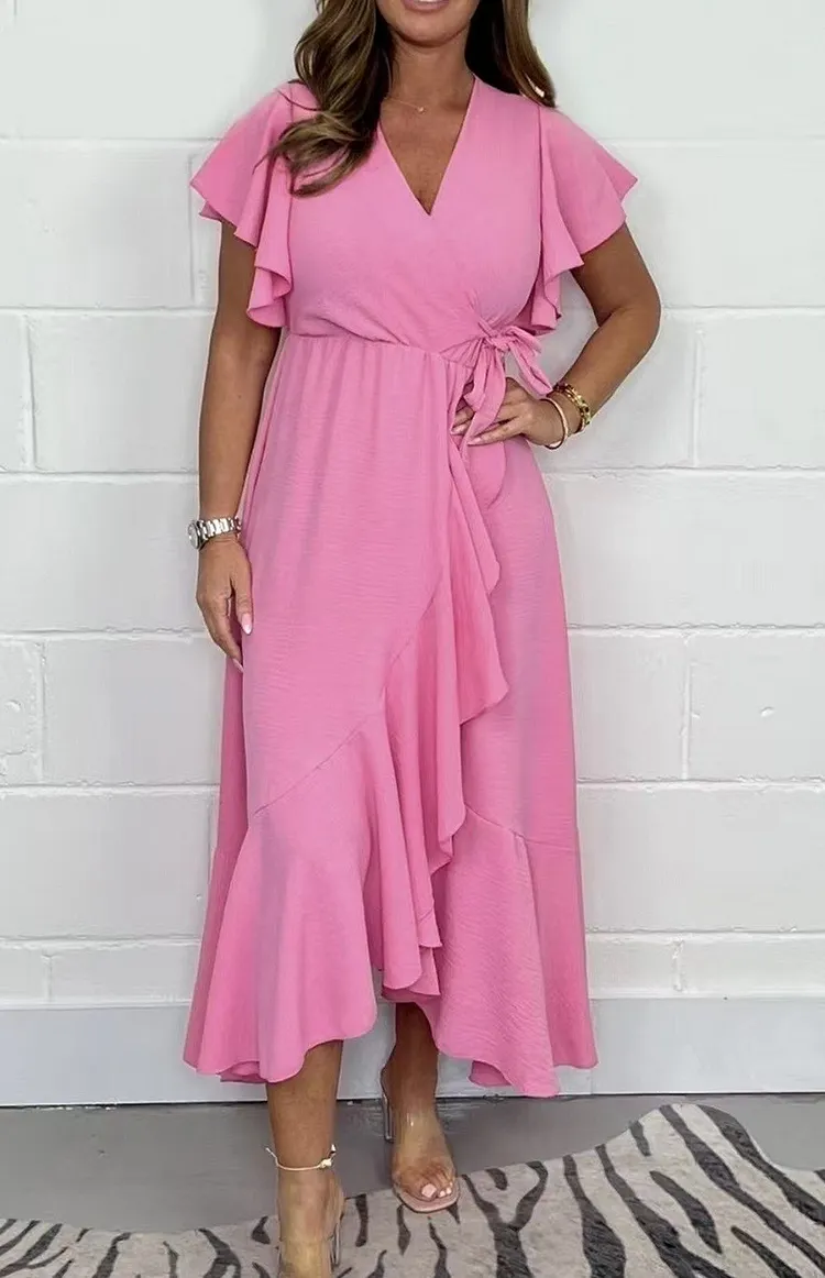V - Neck Flowy Maxi Dress with Ruffle Hem