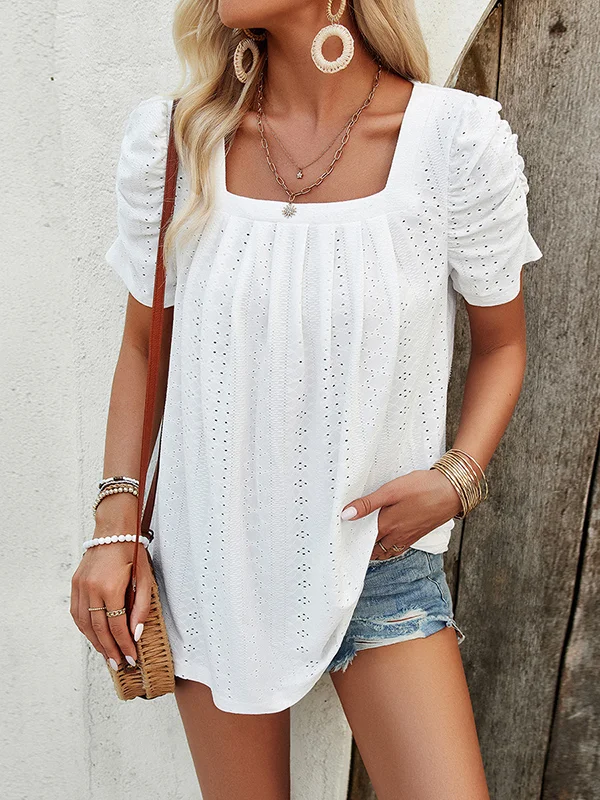 Solid Color Pleated Hollow Short Sleeves Loose Square-Neck T-Shirts Tops