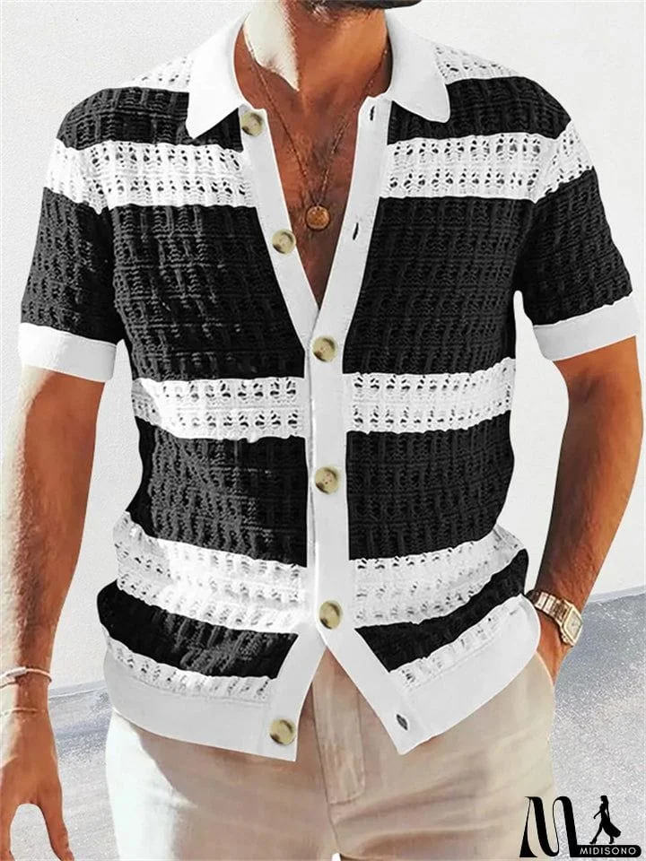 Male Summer Modern Contrast Color Hollowed Out Button Lapel Sweaters