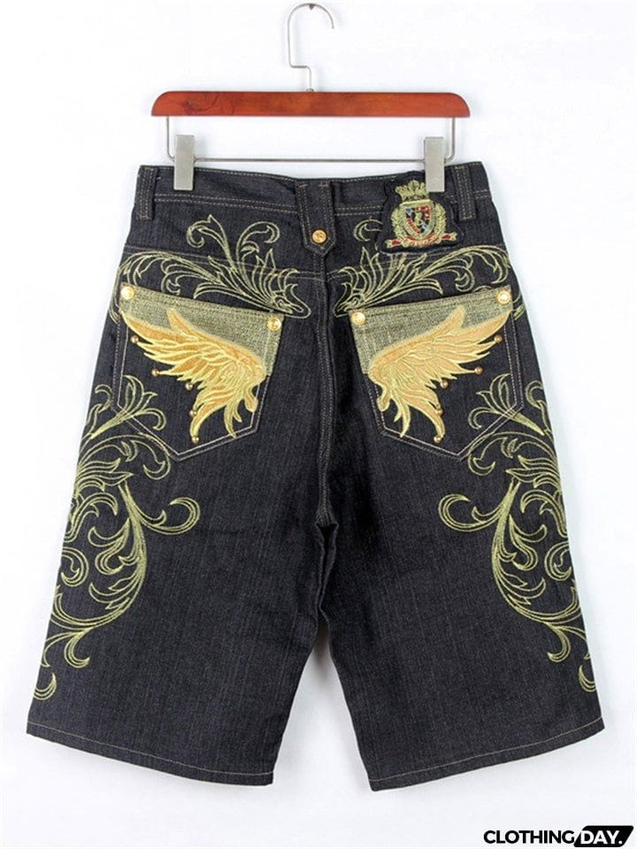 Trendy Street Style Loose Embroidered Comfy Cropped Pants For Men