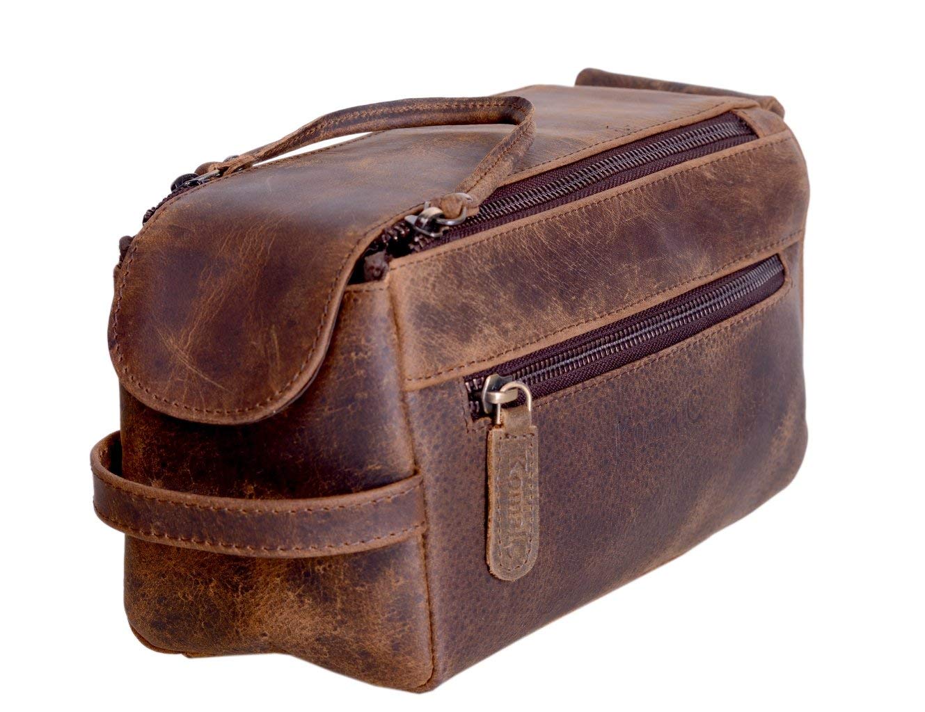 Genuine Buffalo Leather Unisex Toiletry Bag Travel Dopp Kit
