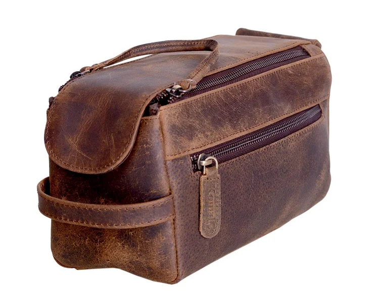 Genuine Buffalo Leather Unisex Toiletry Bag Travel Dopp Kit
