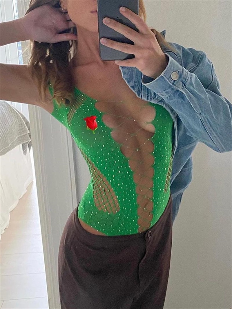 See Through Sparkly Mesh Bodysuit Women Long Sleeve Rhinestone Body Tops Hot Drill Female Party Nightclub Sexy Lingerie