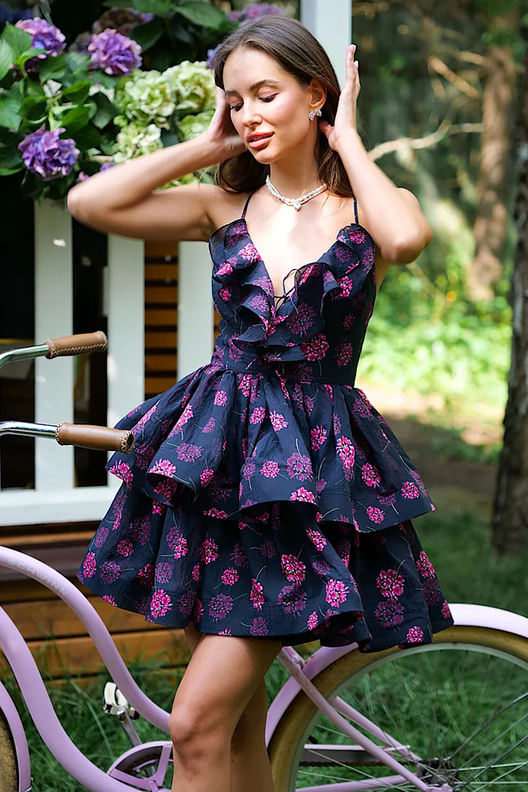Ruffled V Neck Floral Print Backless Slip Mini Dresses-Black [Pre Order]