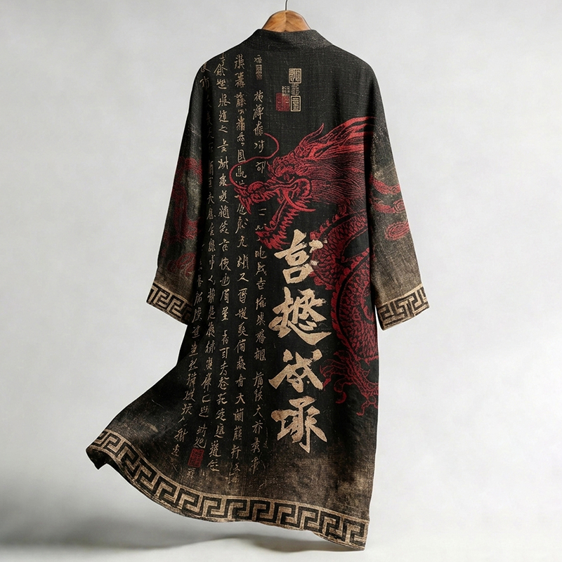 Men's Retro Japanese Calligraphy And Dragon Art Pattern Linen Blend Kimono  artssus