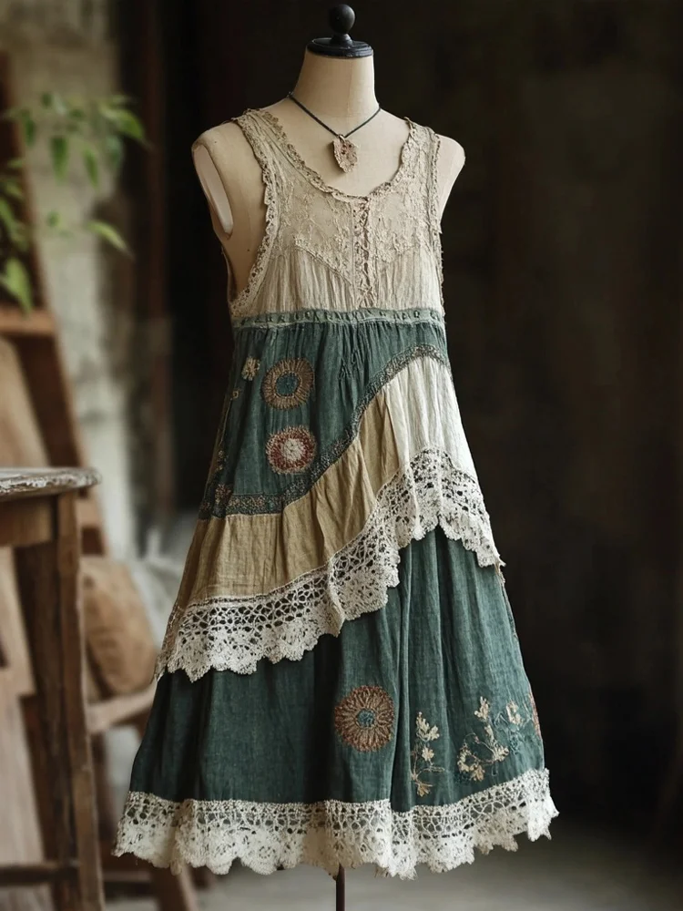 Vintage Lace Patchwork Comfy Linen Tank Dress