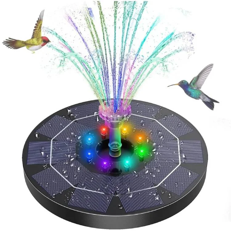LED Solar Bird Bath Water Fountain with Lights and Pump - 6 Nozzles