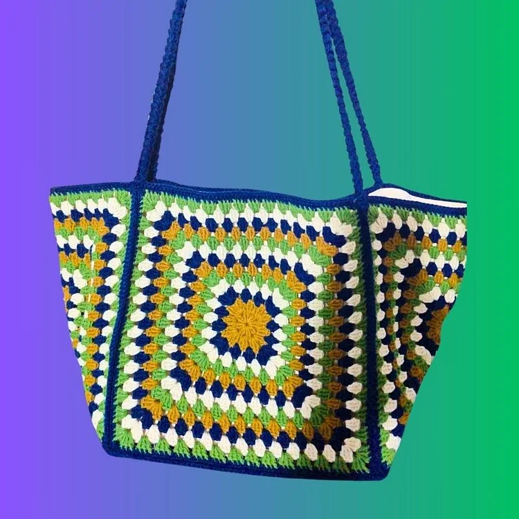 Lulusnow Handmade Blue Green Classic Striped Patterns Crochet Tote Bag Shoulder Bag 