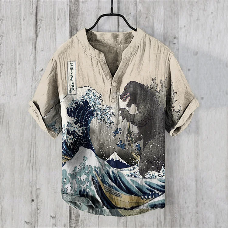 Ukiyoe Huge Wave Godzilla Invasion Japanese Art Linen Blend Shirt