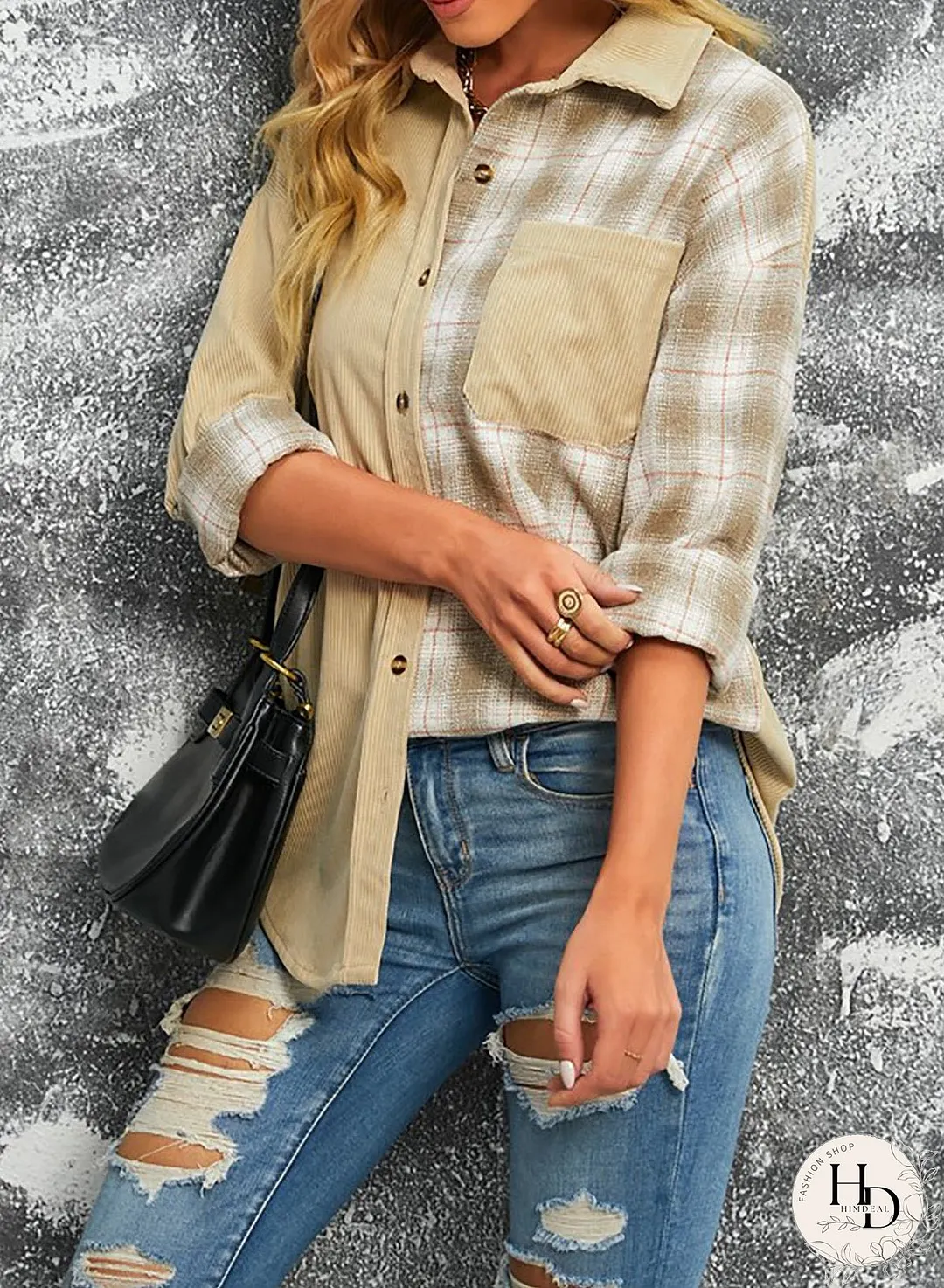 Double Take Plaid Color Block Dropped Shoulder Corduroy Shacket