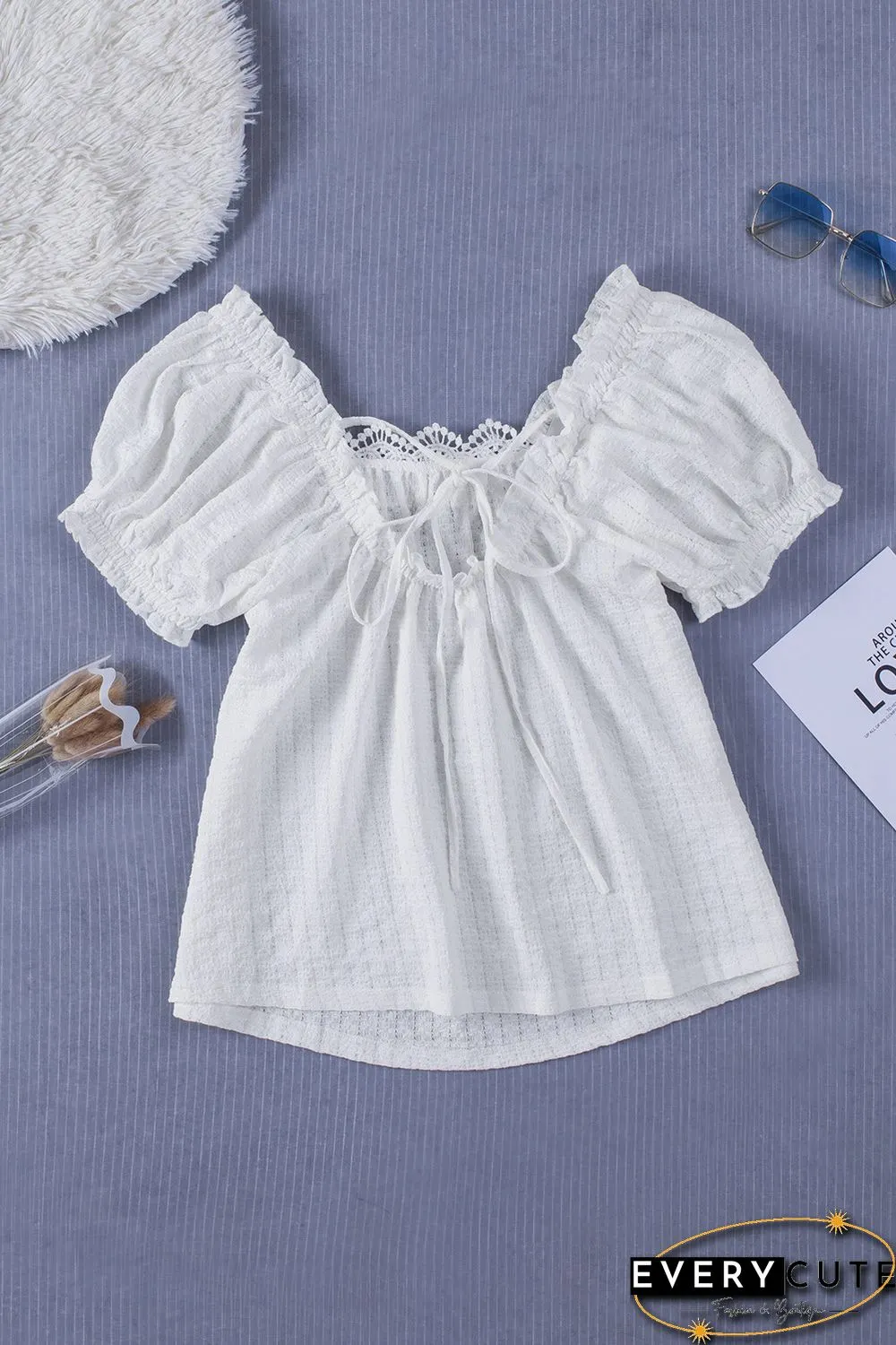 White Lace Crochet Lace-up Open Back Puff Sleeve Top