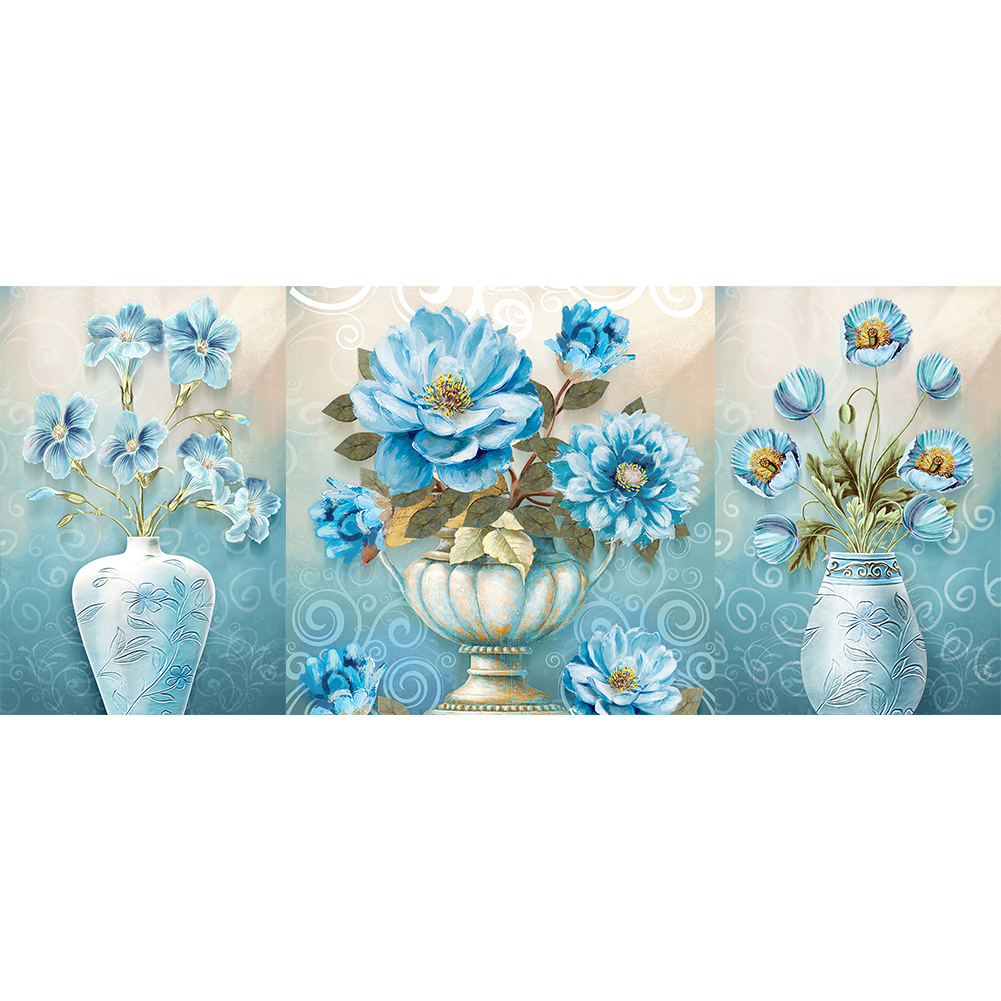 

92*45CM - Multi-picture Round Drill Diamond Painting - 3pcs Blue Flower Vase, 501 Original