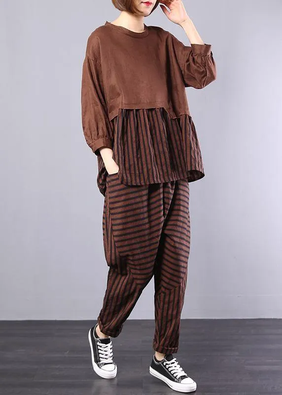 autumn khaki patchwork striped tops with elastic waist pants two pieces