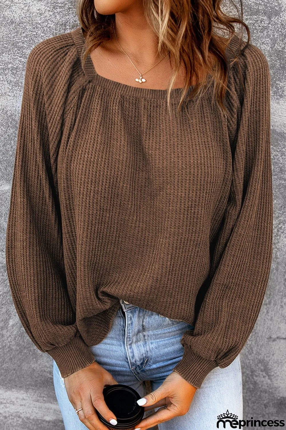 Scoop Neck Puff Sleeve Waffle Knit Top