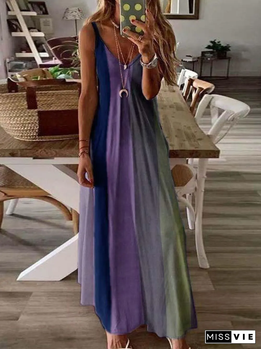 Women's Sleeveless V-neck Gradient Printed Maxi Slip Dress