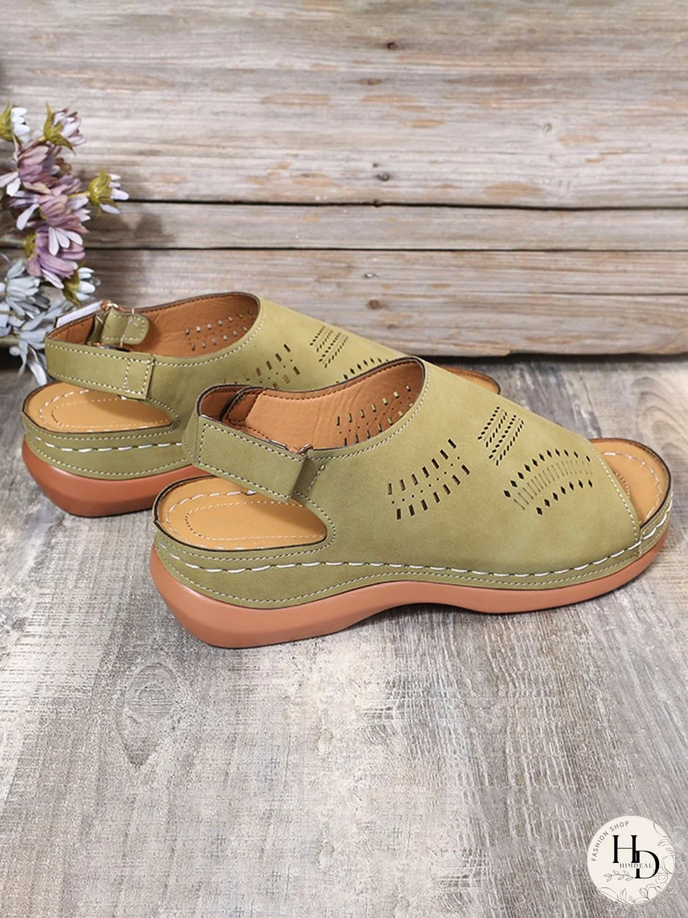 Cutout Velcro Vintage Casual Velcro Wedge Sandals