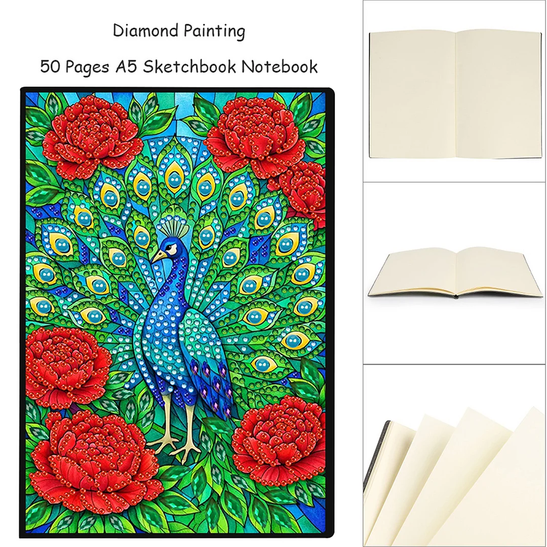 DIY Flower Diamond Painting Journals Notebooks 50 Pages A5 No Lines Special Shaped Diamond Art Kits for Beginners Craft Lovers and Artists (Peacocks)
