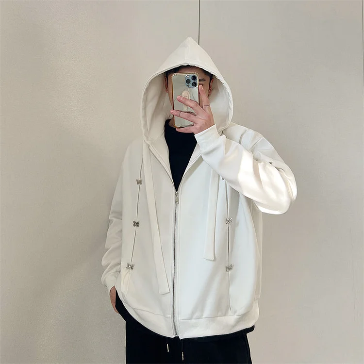 Vintage Loose Design Feel Niche Languid Butterfly Hooded Cardigan Sweat Shirts-dark style-men's clothing-halloween