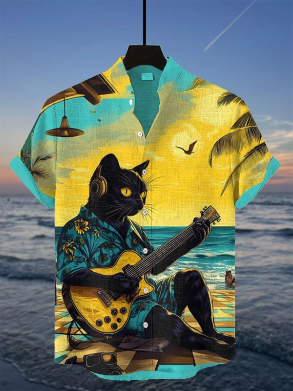 Men's Seaside Black Cat Playing The Guitar Print Short Sleeve Shirt