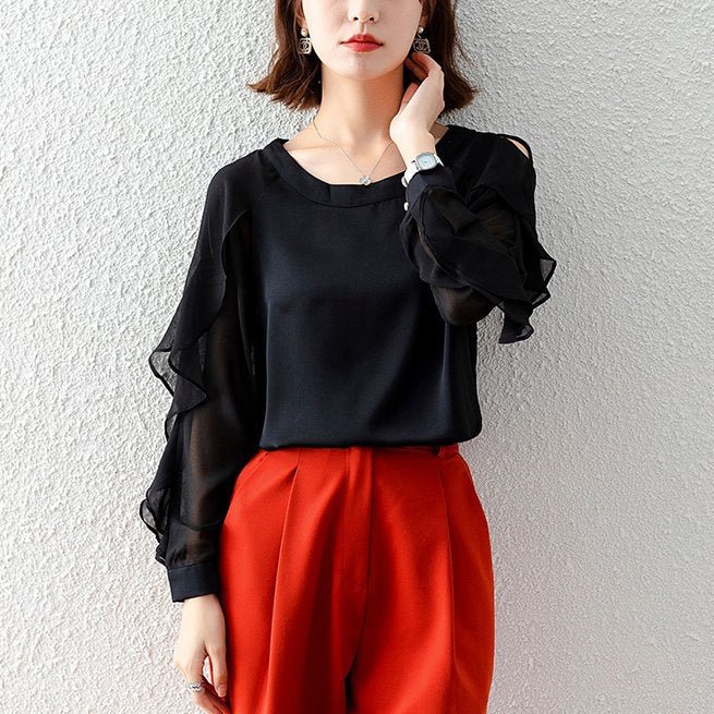 Black Solid Long Sleeve Elegant Shirts & Tops