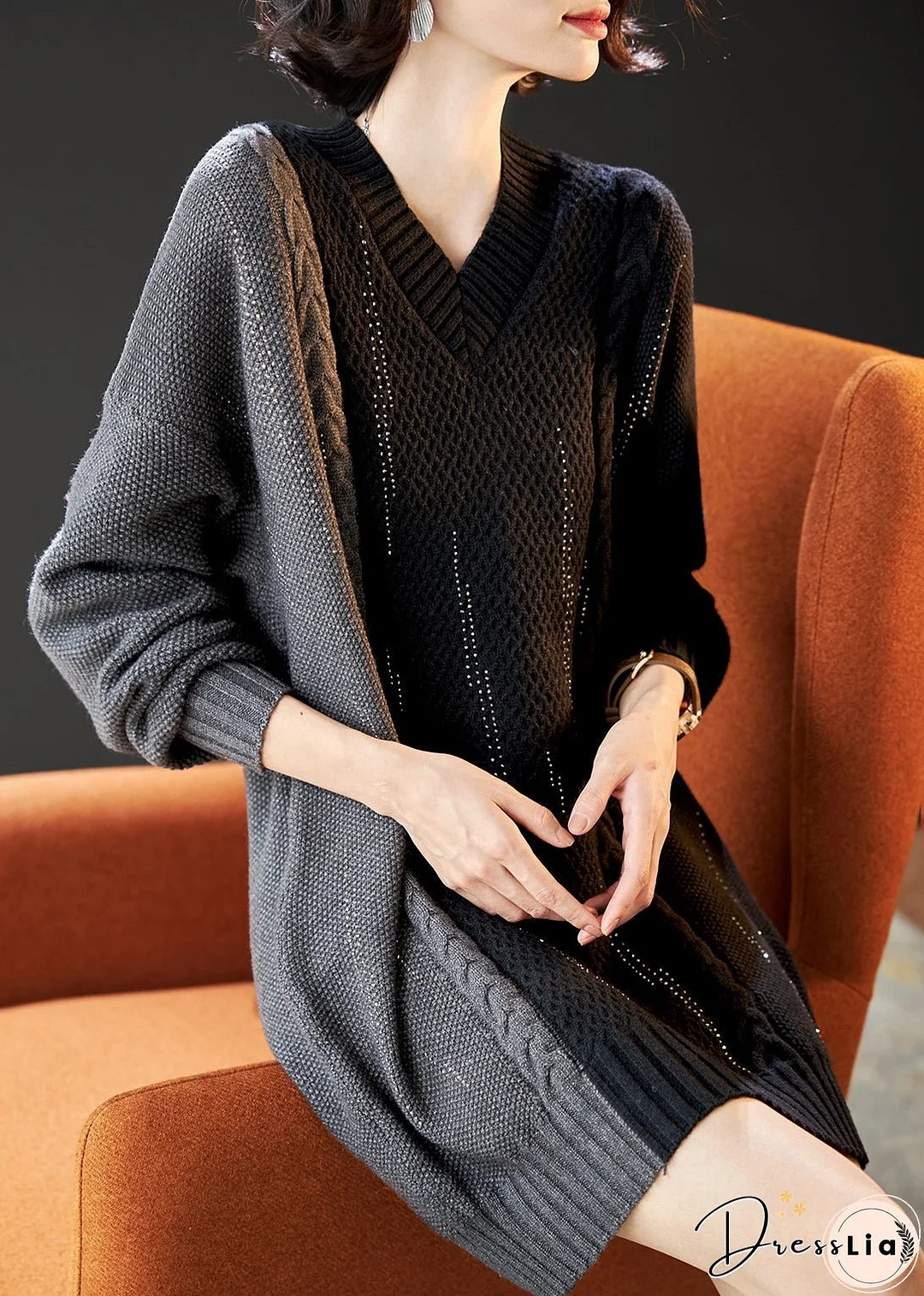 Handmade Colorblock V Neck Patchwork Knit Long Sweater Winter