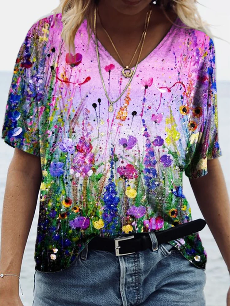 Flowers Art Painting V Neck T Shirt