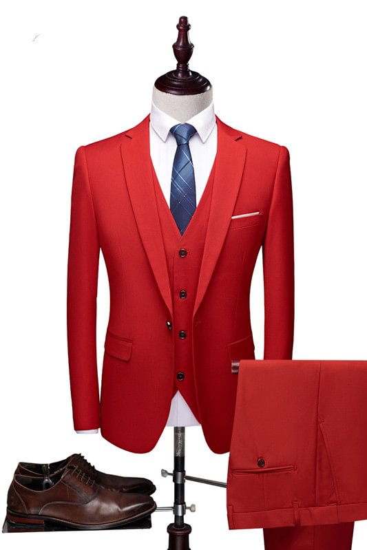 Formal Notched Lapel Red Wedding Tuxedo Three Pieces | Ballbellas Ballbellas