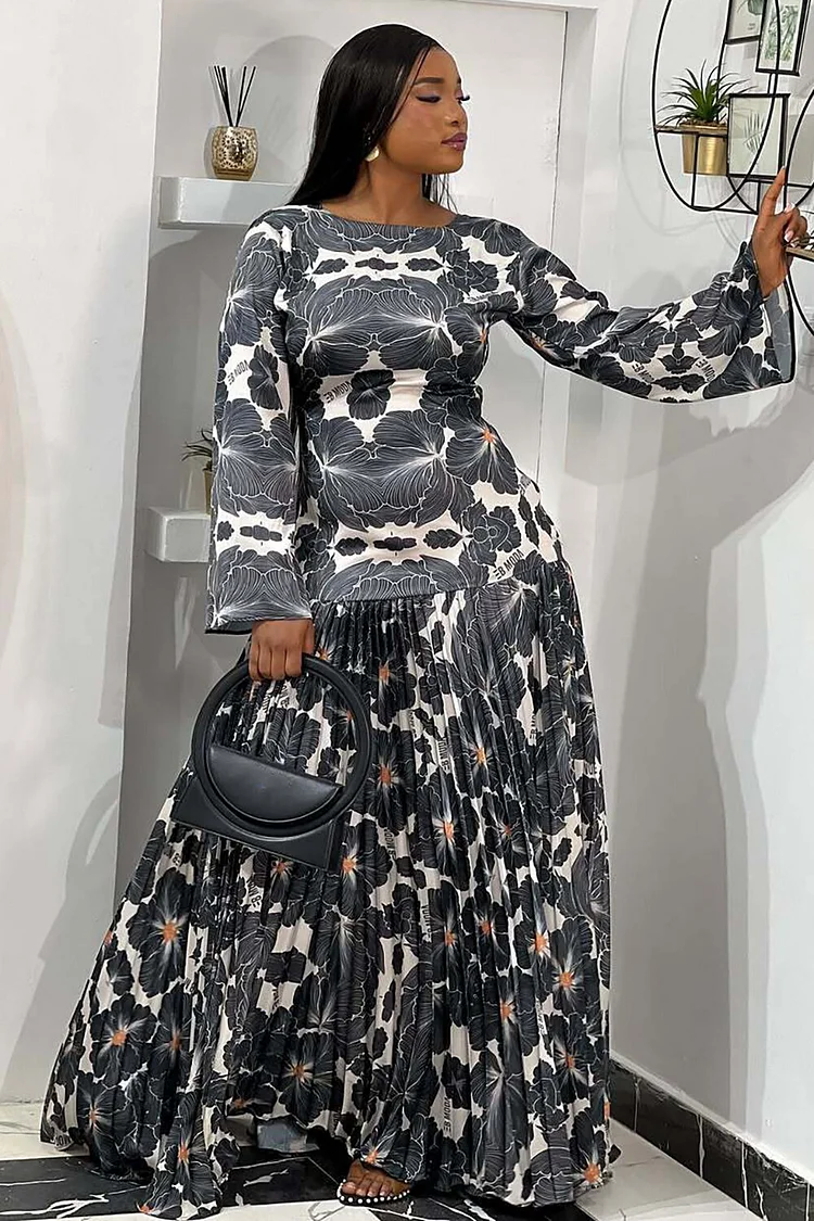 Floral Print Long Sleeve Pleated Hem Slim Fit Maxi Dresses-Grey