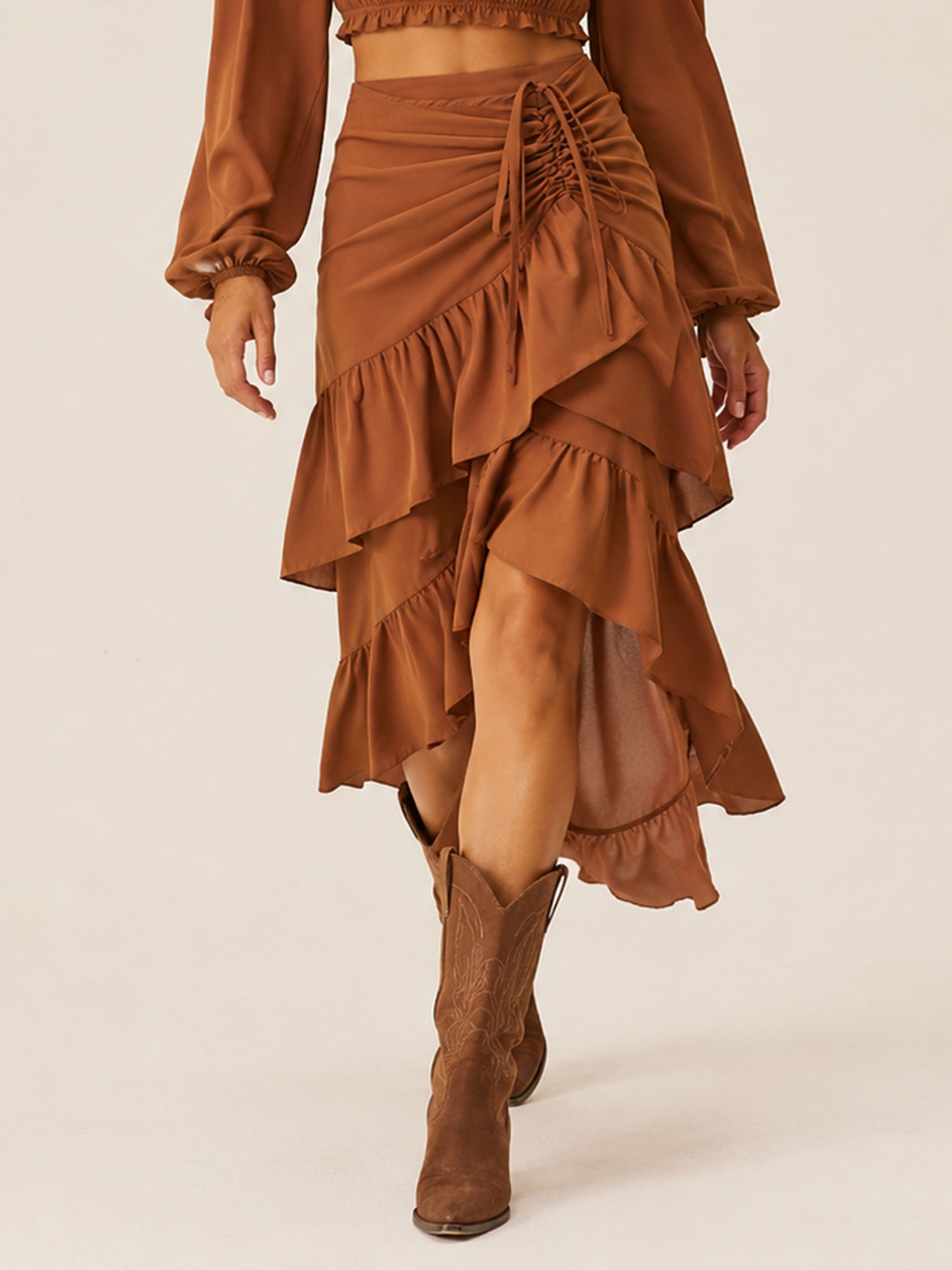 Perfect for a Music Festival &mdash; 2026 Spring Summer Caramel Ruched Drawstring Asymmetrical Skirt