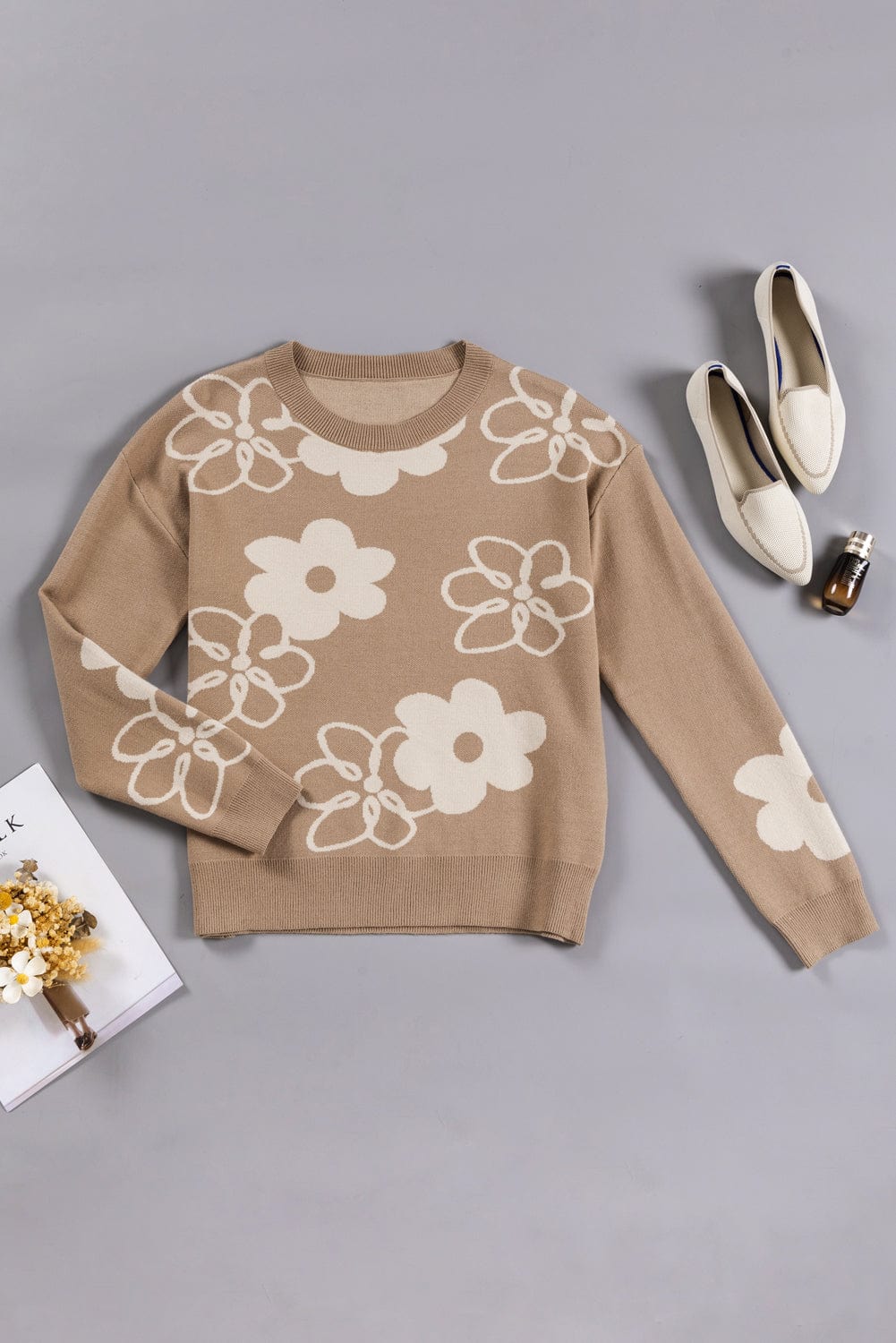 Cozy Camel Floral Knit Sweater with Drop Shoulder Detail
