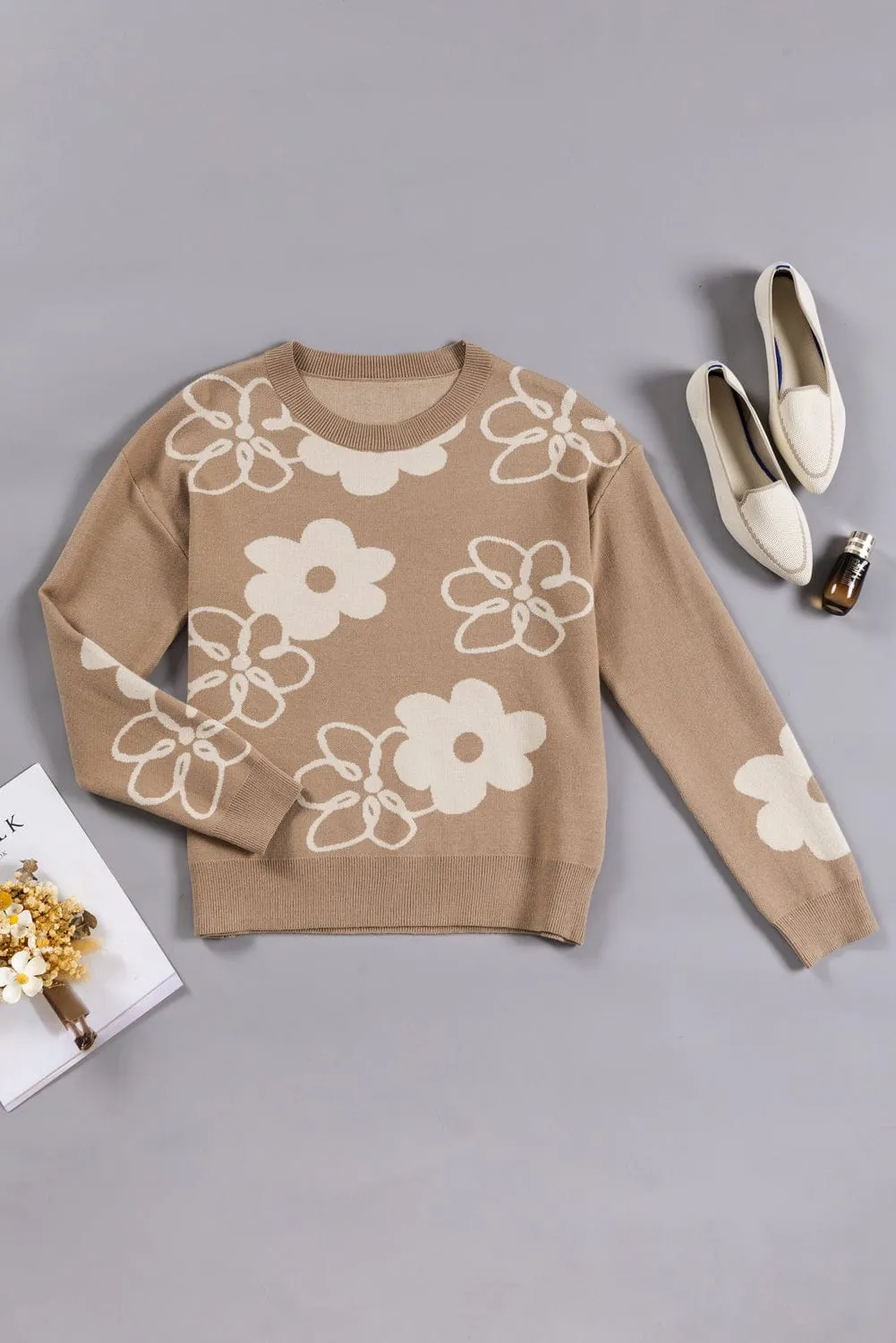 Cozy Camel Floral Knit Sweater with Drop Shoulder Detail
