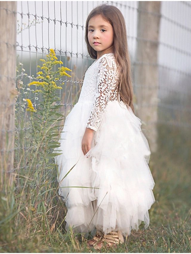 Daisda Ball Gown Long Sleeve Jewel Neck Flower Girl Dresses Lace Tulle