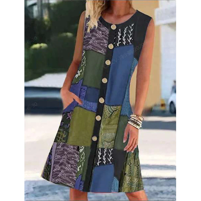 2021 Hot Sale Summer New Fashion Multi-Casual Commuter Print Round Neck Buttoned Color Block Cardigan Beach Sleeveless Dress