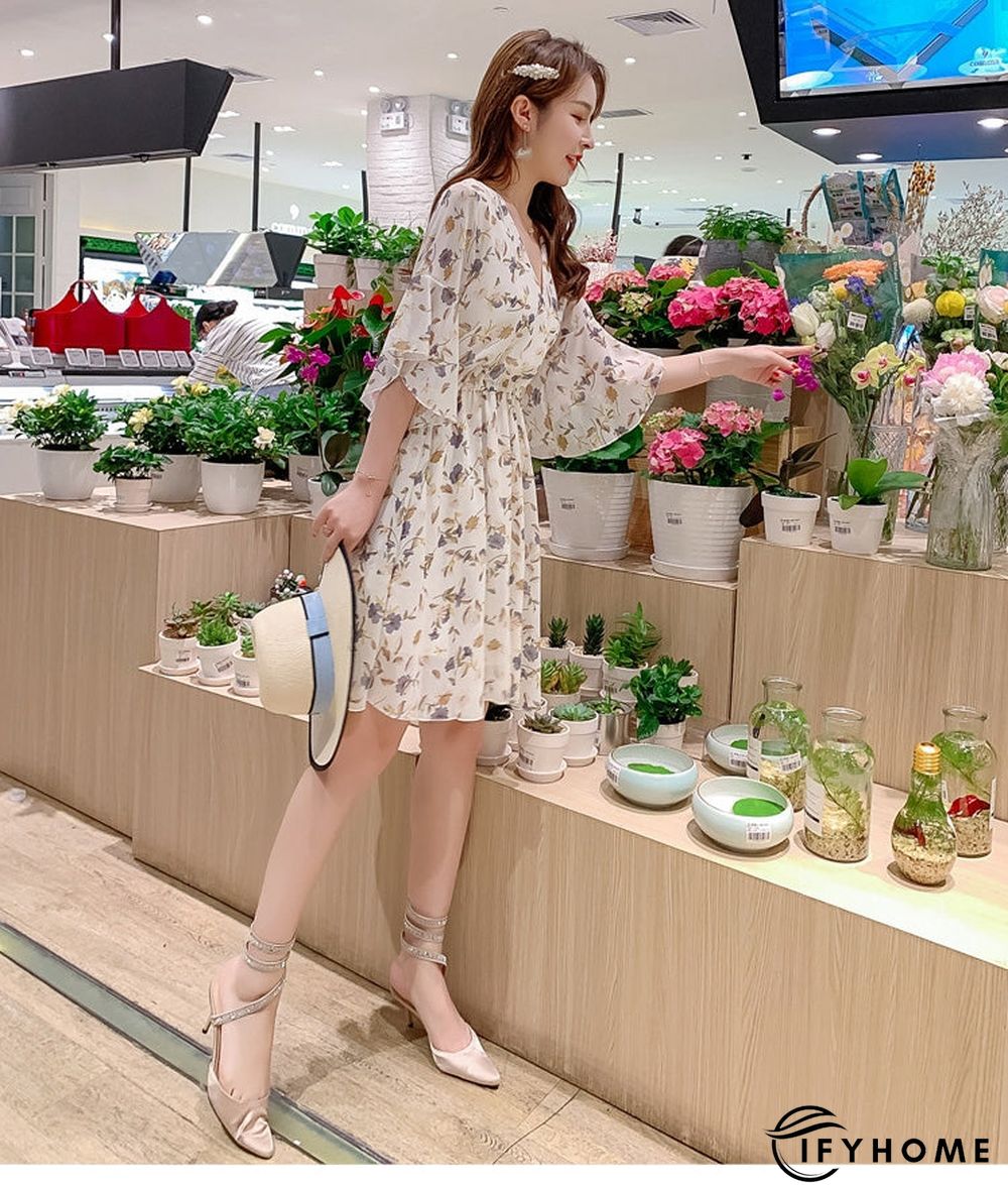 Spring Summer Chiffon Women V-Neck Floral Print Short Dresses Sweet Ruffle Sleeeve Slim Drawstring Ladies Dress | IFYHOME