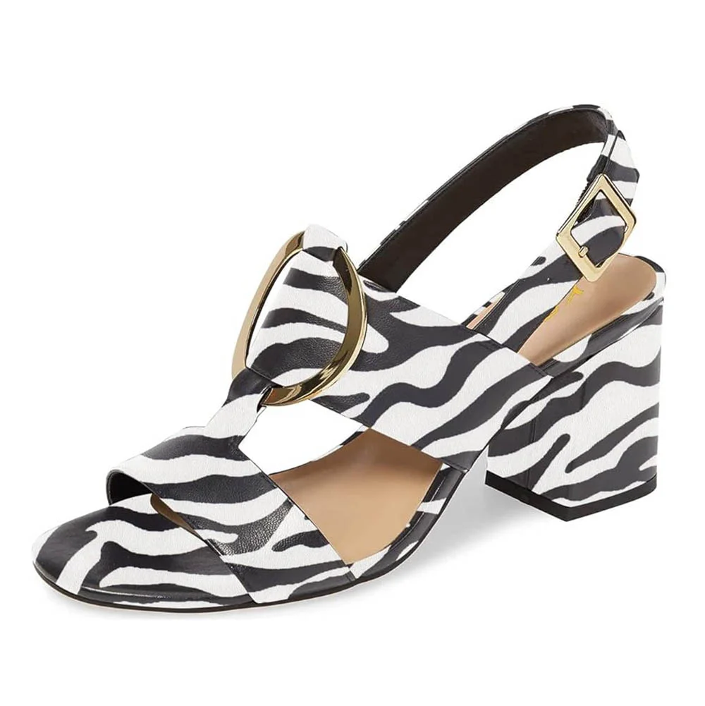 Black & White Open Toe Zebra Print Hardware Strap Heels Sandals