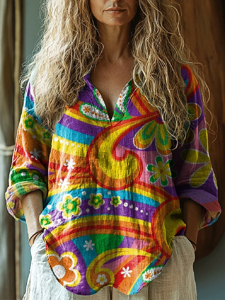 Women's Rainbow Graphic Art Print Casual Linen V-Neck Shirt