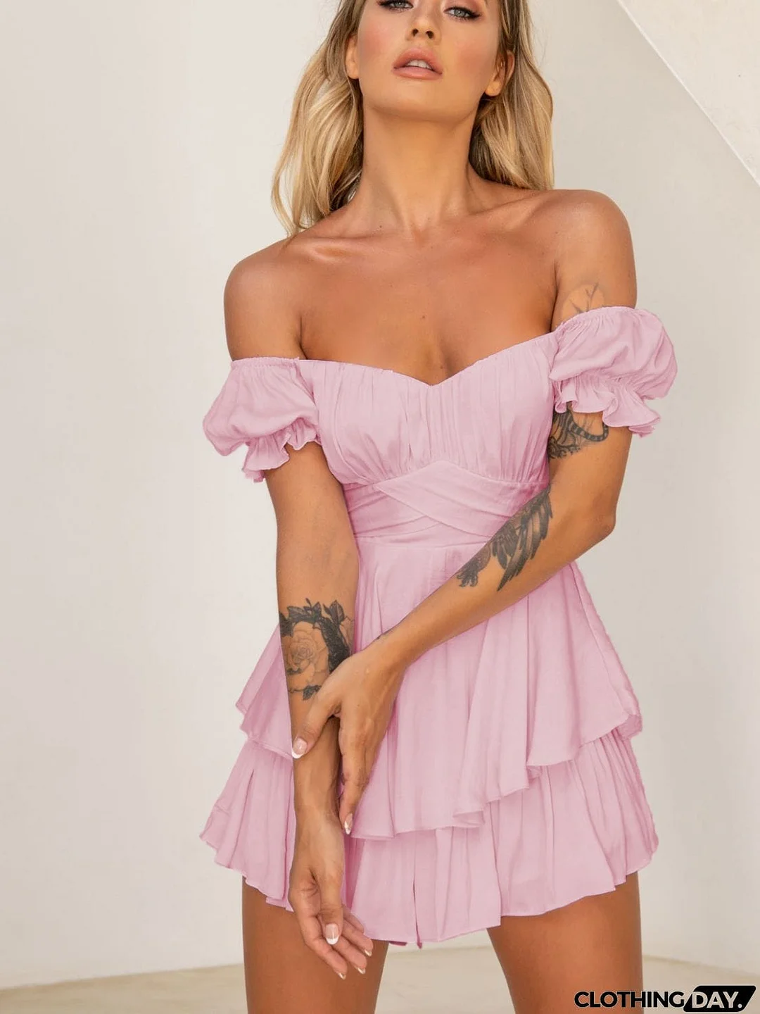 Off Shoulder Flounce Sleeve Mini Dress